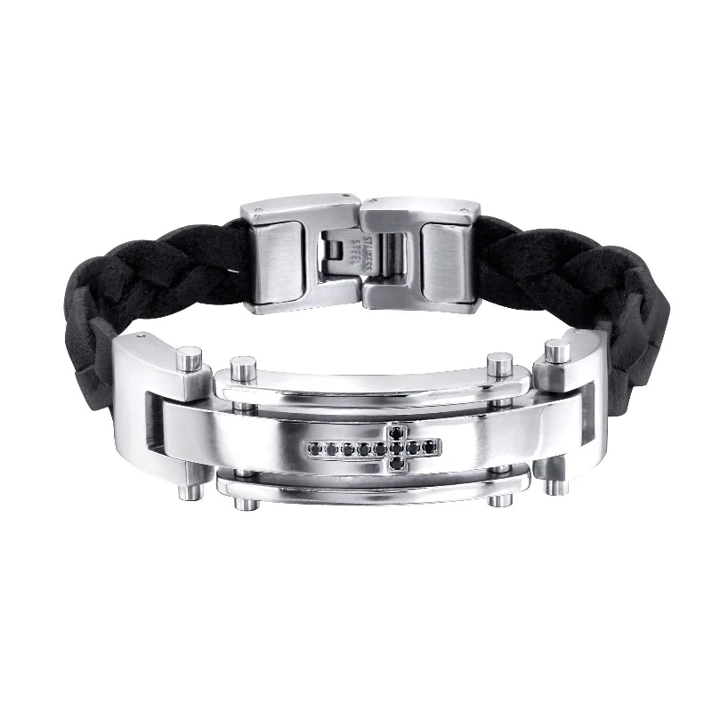 Men's 'Chicago' High Polish Stainless Steel and Leather Cross Tag Bracelet