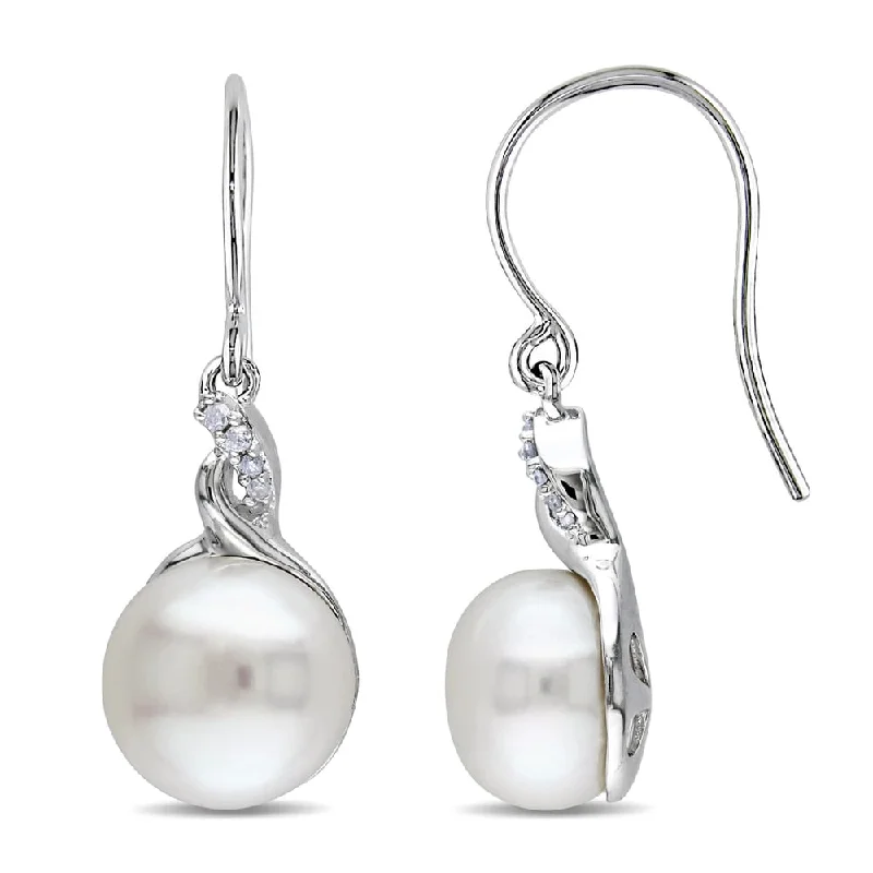 Miadora Sterling Silver White Pearl and Diamond Accent Earrings (10.5-11 mm)