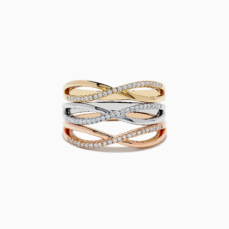 Trio 14K 3-Tone Gold Diamond Stackable Crossover Rings Set of 3