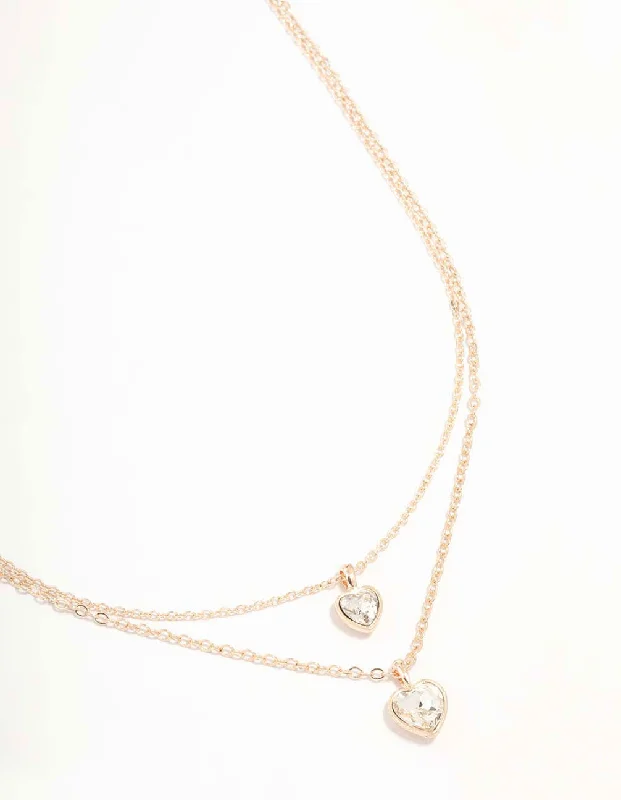 Rose Gold Diamante Heart Layered Necklace