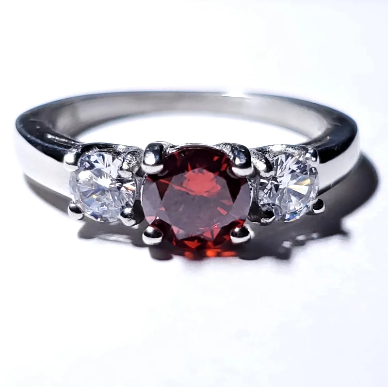 Onella: 1.25c 3 Stone Red Fire Garnet Ice CZ 316 Steel Engagement Ring