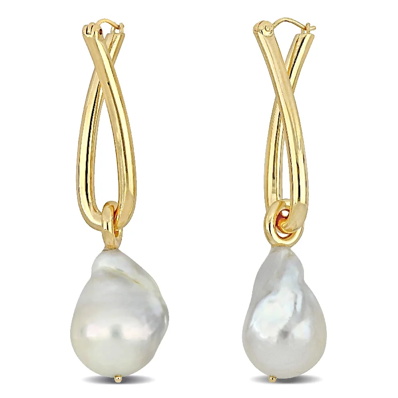 Miadora 13-13.5mm Cultured Freshwater Baroque Pearl Twisted Hoop Earrings in 14k Yellow Gold