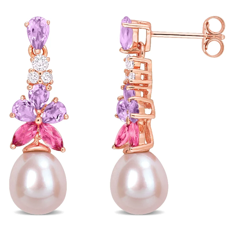 Miadora 8.5-9mm Pink Cultured Freshwater Pearl Rose de France & White & Pink Topaz Floral Drop Earrings