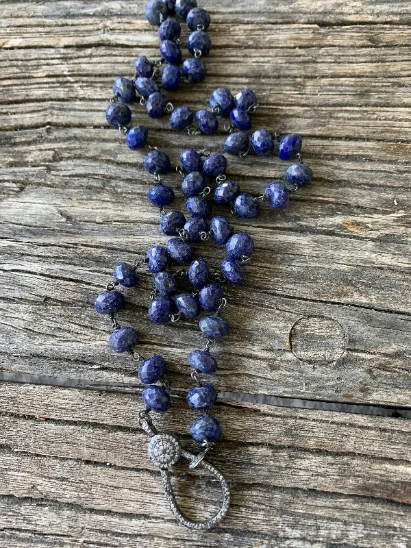 Lapis Beaded Necklace with Pave Diamond Clasp