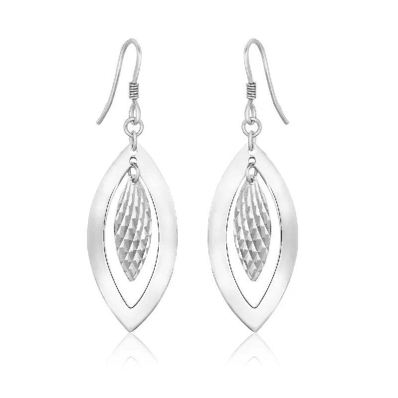 Sterling Silver Dangling Earrings with Textured Marquis Shapes