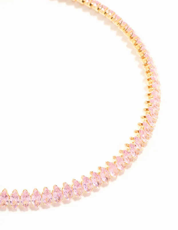 Pink Cubic Zirconia Navette Choker Gold Necklace