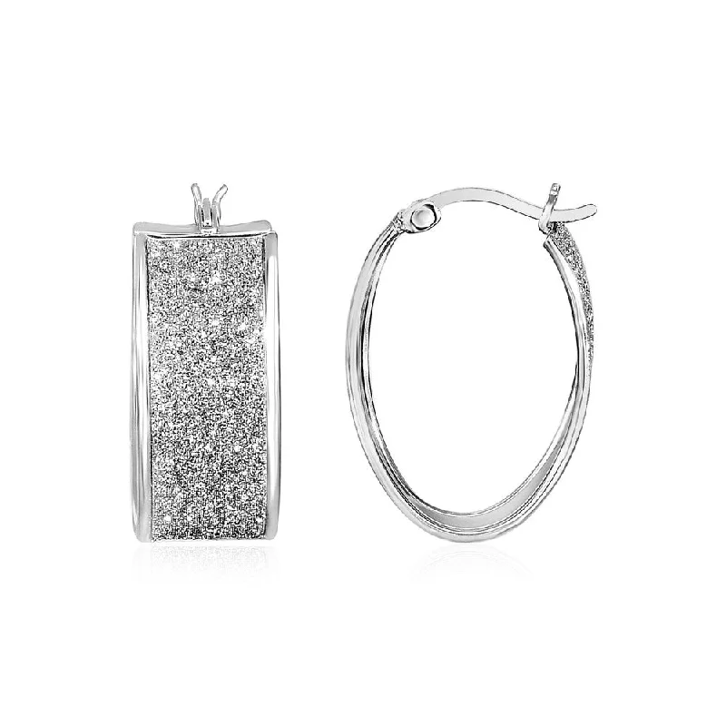 Glitter Textured Wide Oval Hoop Earrings in Sterling Silver