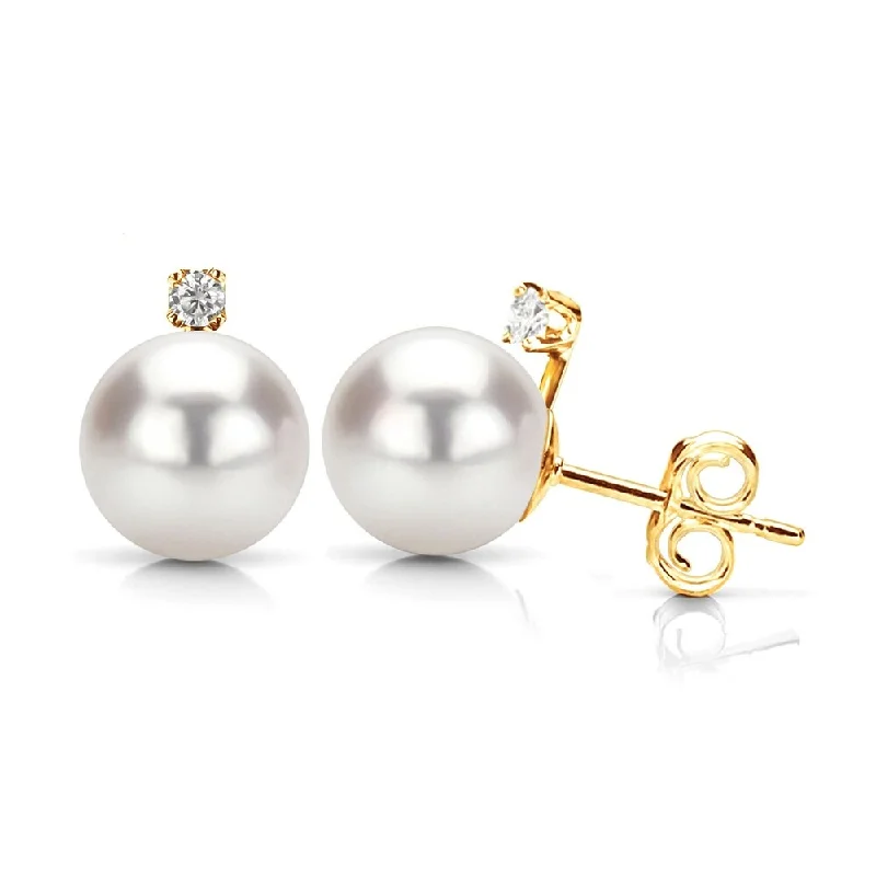 DaVonna 14k Gold with .10tcw Diamond Round 8-8.5mm White Japanese Akoya Pearl Stud Earrings