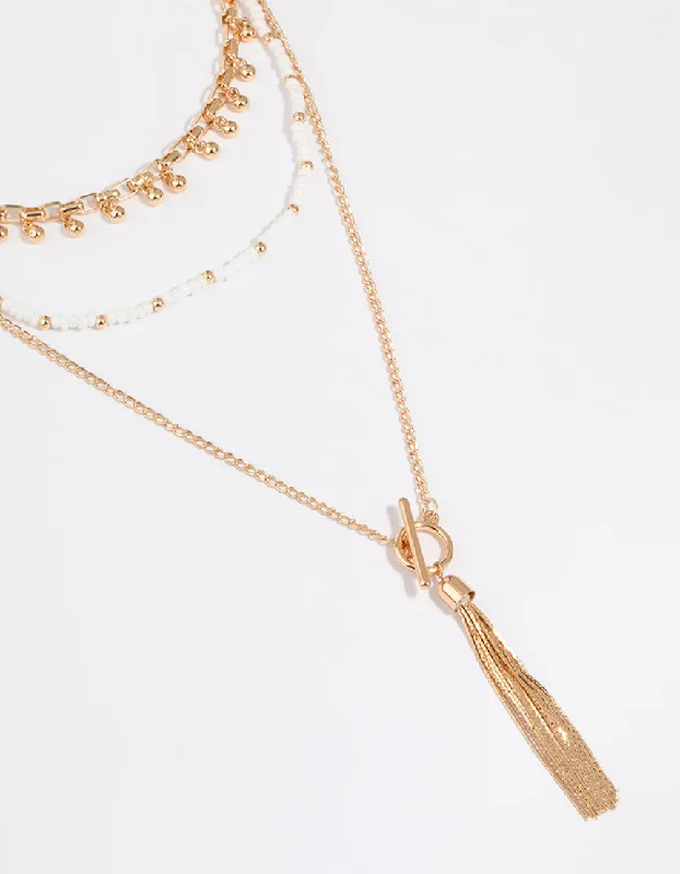 Gold Bead & Tassel Layered Necklace