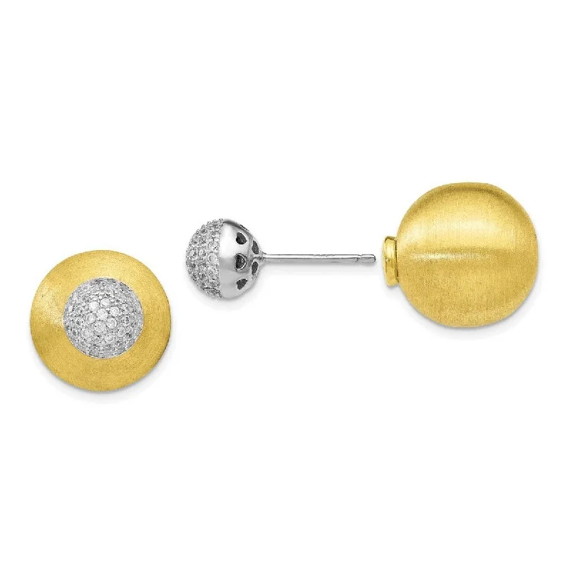 Curata 925 Sterling Silver Gold -plated CZ Cubic Zirconia Satin Ball Reversible Earrings- 14mm