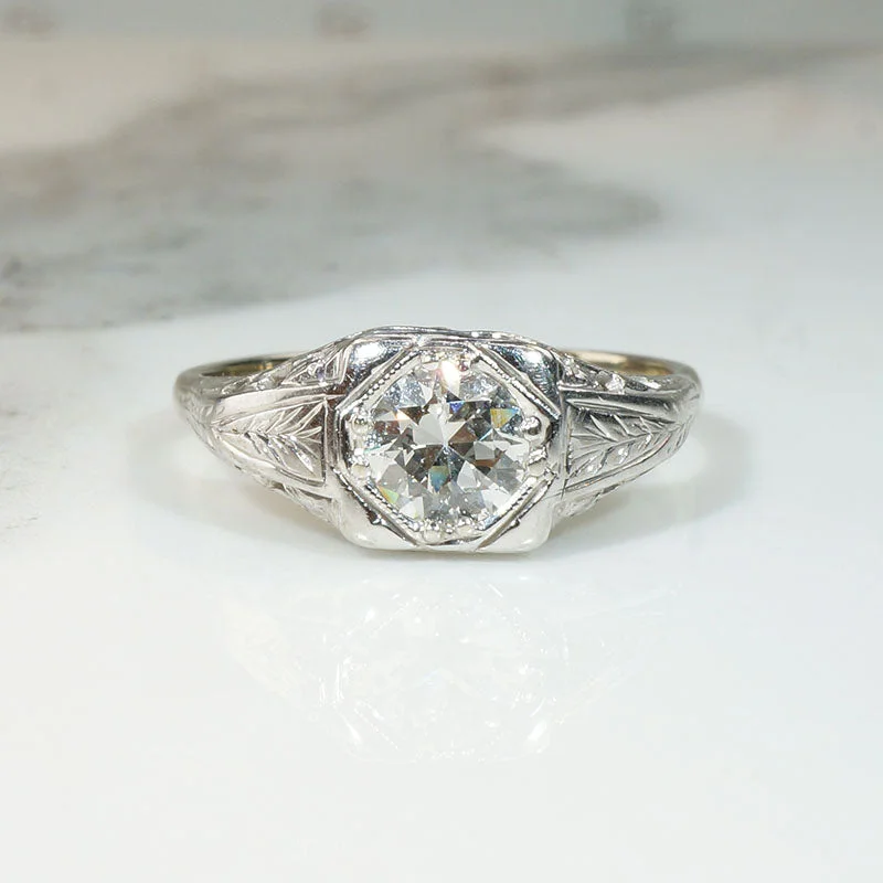 Engraved & Filigreed Art Deco Diamond Engagement Ring