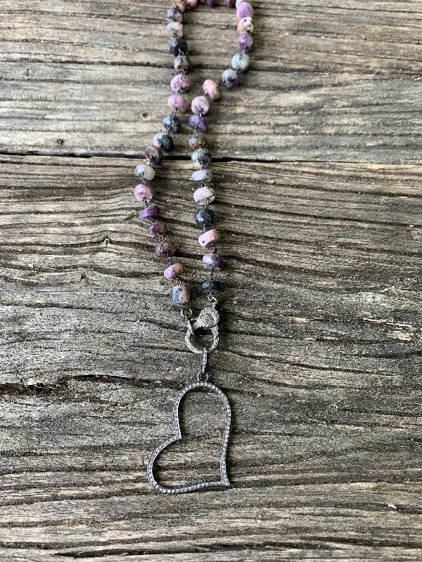 Purple Charoite Beaded Necklace with Pave Diamond Clasp. Pave Diamond Open Heart Pendant