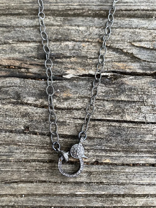 Sterling Silver Small Circle Textured Chain. Pave Diamond Lobster Claw Clasp