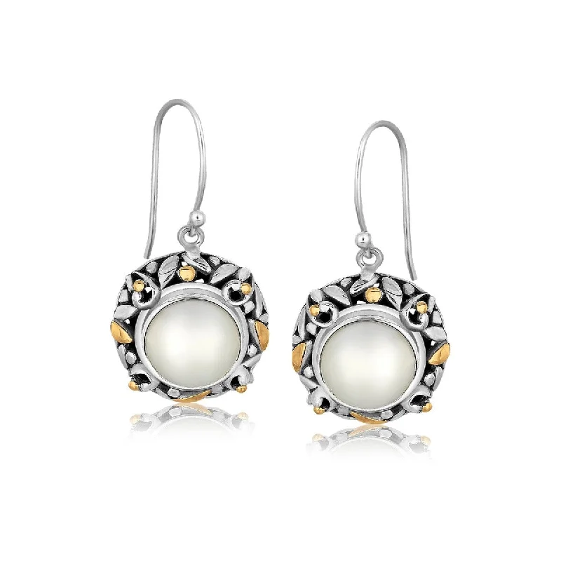 18k Yellow Gold and Sterling Silver Pearl Earrings with Leaf Ornaments