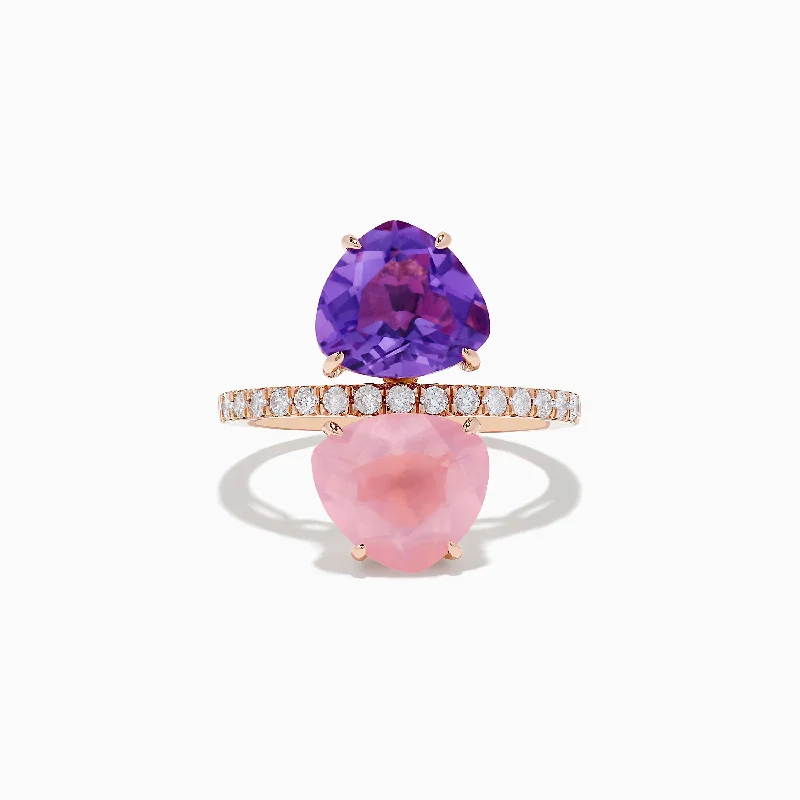 14K Rose Gold Amethyst, Rose Quartz, and Diamond Toi Et Moi Ring