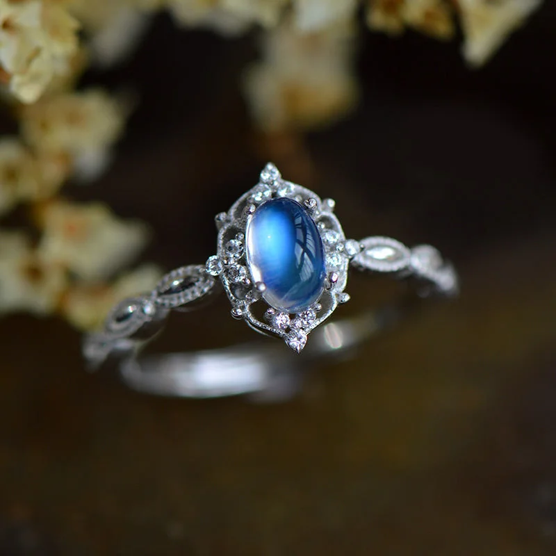 Female Sterling Silver Blue Moonstone Engagement Ring June Birthstone Jewelry For Women